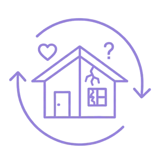 Circular icon of a house with a heart and a question mark.