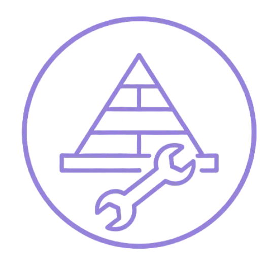 Circular icon showing a wrench and a brick foundation structure.