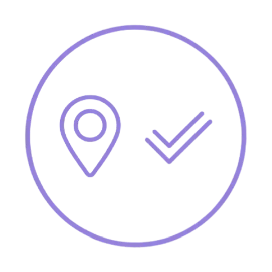 Circular icon showing a map pin and a checkmark.