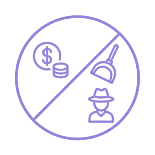 Circular icon showing a dollar sign and a person with a broom (sweeping fees).