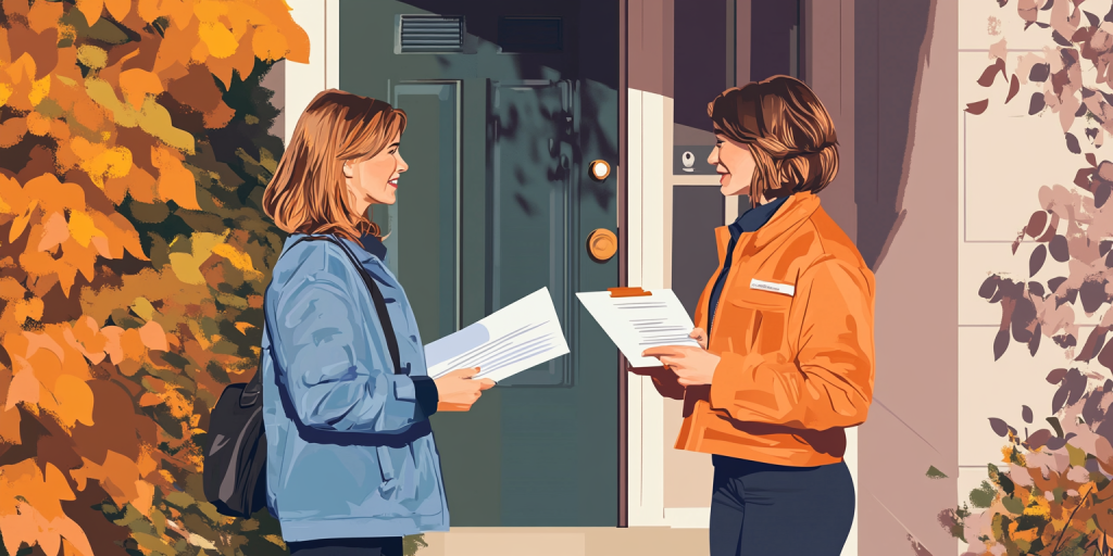 Two people standing at a residential doorway reviewing a property contract.