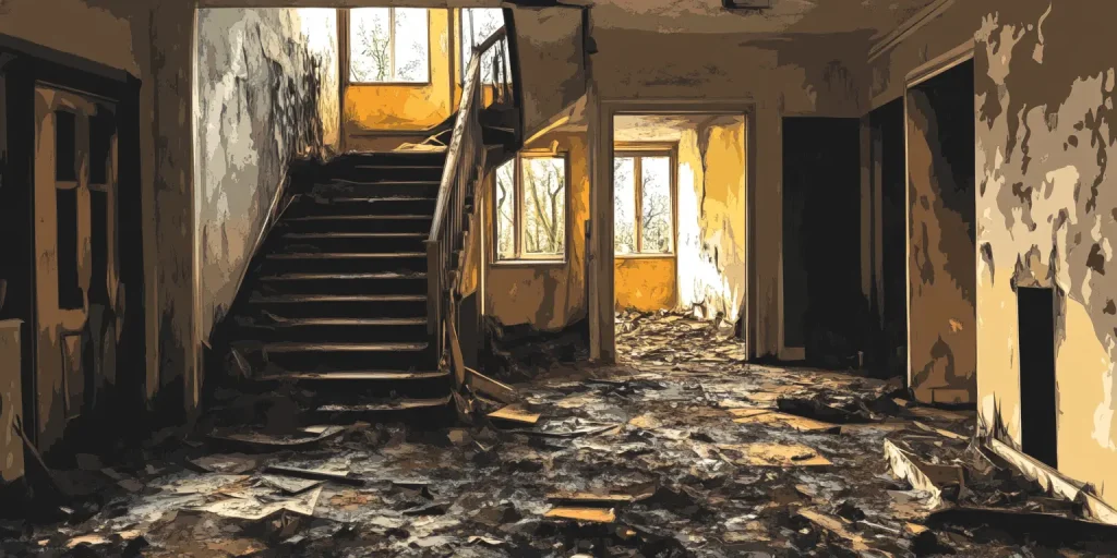 View of a neglected interior with a staircase, peeling paint, and debris on the floor.