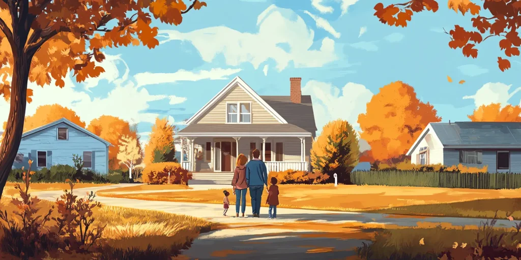 A family standing in front of a suburban home surrounded by orange autumn leaves.