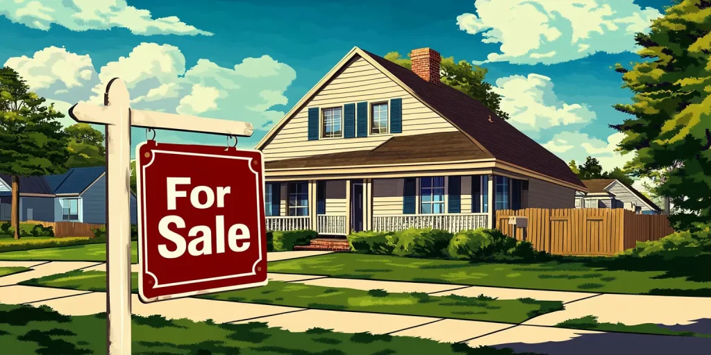 A "For Sale" sign on a green lawn in front of a cozy suburban ranch home.