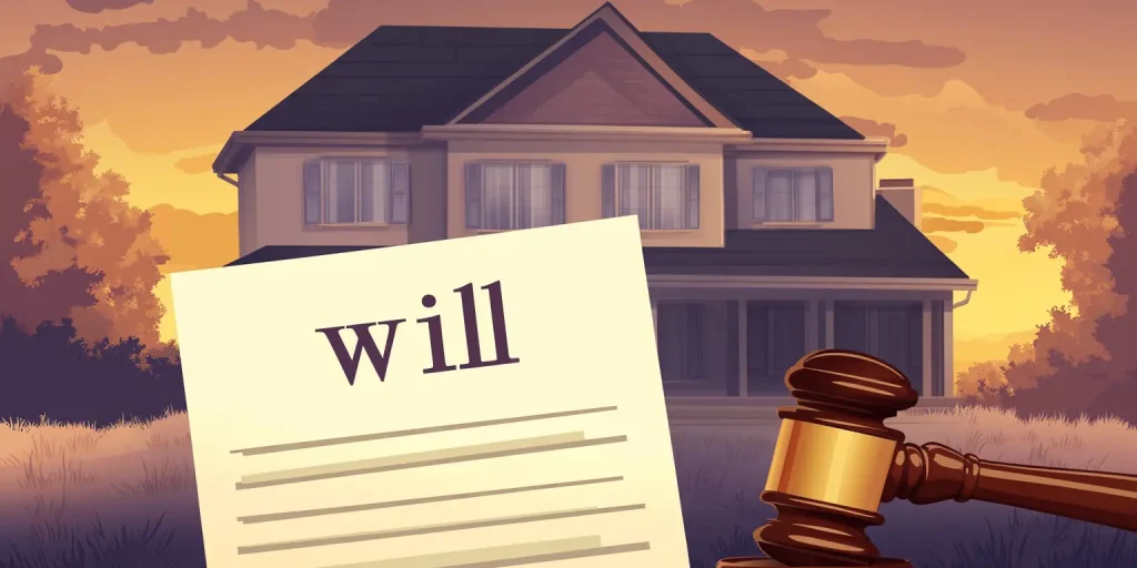 Legal gavel and "Will" document overlaid on a residential home graphic at twilight.