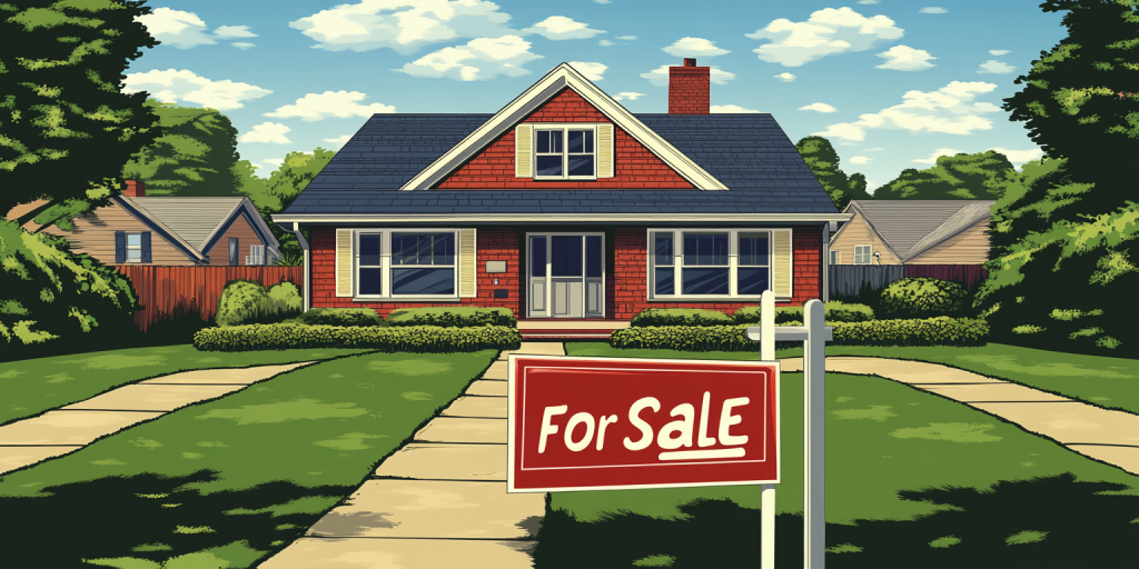 Red brick single-family home with high curb appeal and a red "For Sale" sign.