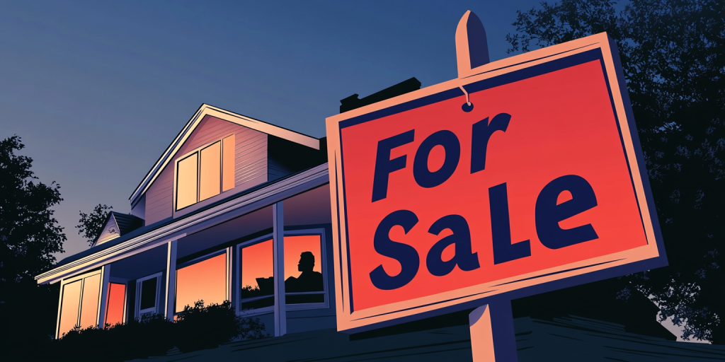Dark blue suburban house at night with a large red "For Sale" sign in the yard.