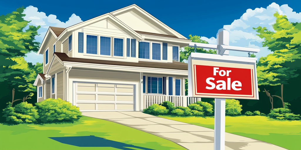 Grey two-story family home with a "For Sale" sign on a large green lawn.