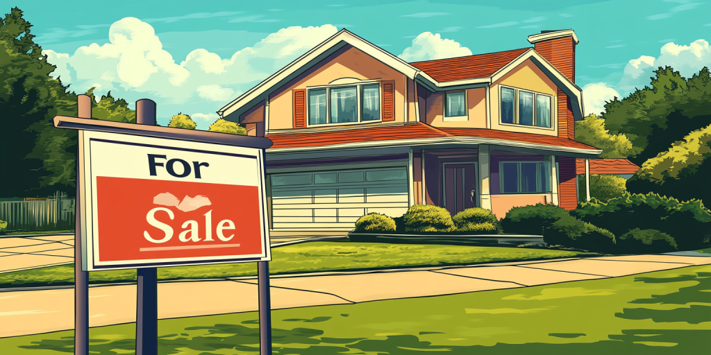 Family home with a "For Sale" sign on the lawn during the autumn season.