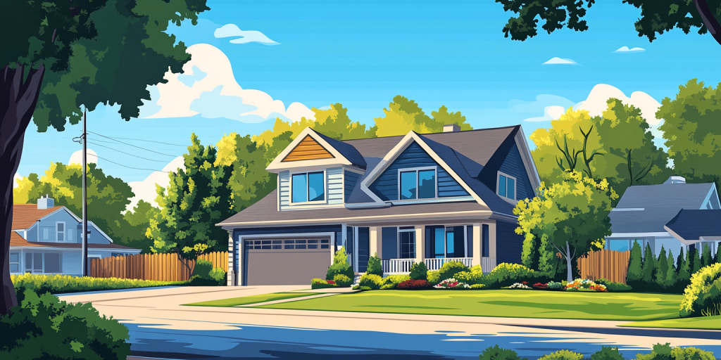 Front view of a grey suburban home with a manicured lawn and a "For Sale" yard sign on a bright day.